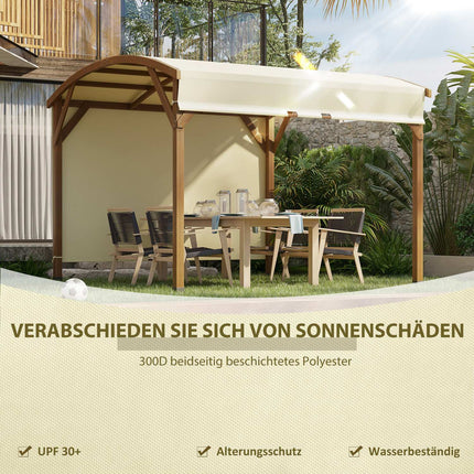 Pergola 3,2 x 3,08 m sodo pavėsinė su ištraukiamu stogu, apsauga nuo UV spindulių, šonine siena, masyvi mediena, kreminės spalvos