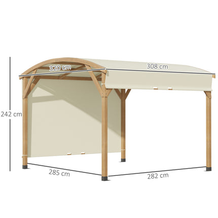 Pergola 3,2 x 3,08 m sodo pavėsinė su ištraukiamu stogu, apsauga nuo UV spindulių, šonine siena, masyvi mediena, kreminės spalvos