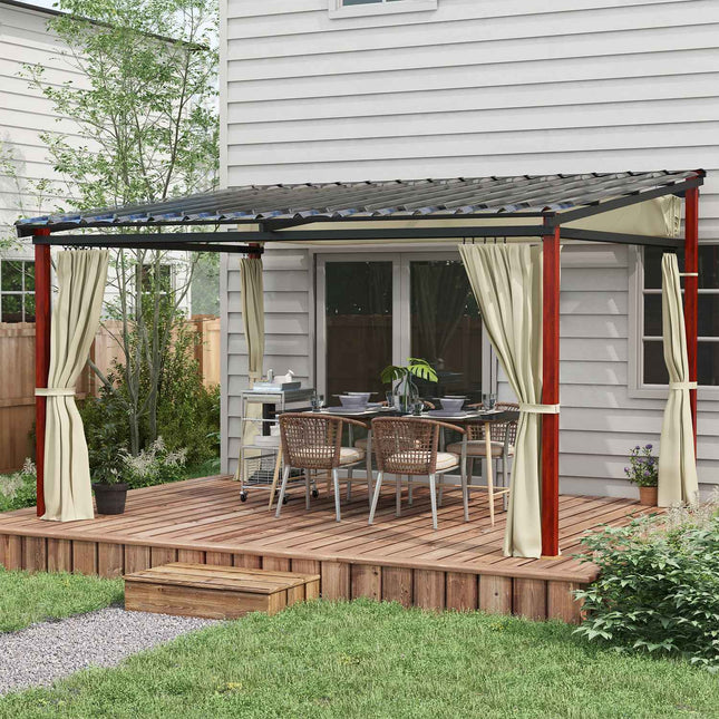 Pergola 3,5x3 m paviljonas su šoninėmis sienomis, atsparus vėjui, reguliuojamo aukščio, su ištraukiamu stogu, smėlio spalvos sodui ir terasai