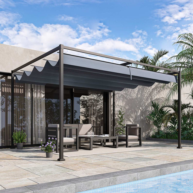Pergola 4x3m sodo paviljonas, terasos stogas pagamintas iš plieno, sodo paviljonas su reguliuojamu stogu, laisvai stovintis, apsauga nuo saulės terasai ir sodui, tamsiai pilkas