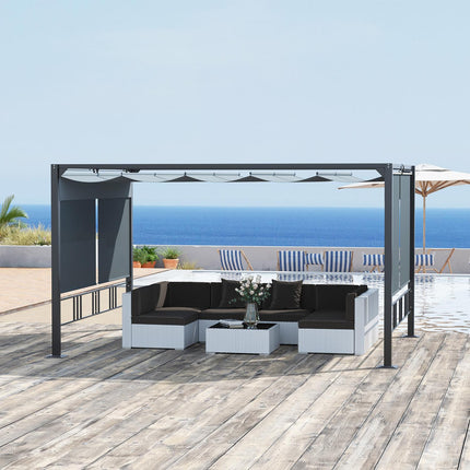 Pergola sodo pavėsinė, 3,9 x 2,9 m, su stogeliu nuo saulės ir 4 automatinėmis roletais, atspari vandeniui, sodui, aliuminis, poliesteris, tamsiai pilka
