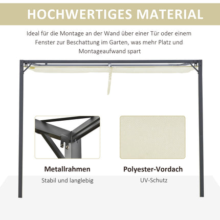 Pergola pavėsinė, 3 x 3 m, sodo paviljonas, kepsninė, su audiniu, kiemo stogeliu, atsparus oro sąlygoms, tvirtinamas prie sienos, metalas, poliesteris, kreminė balta