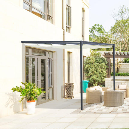 Pergola pavėsinė, 3 x 3 m, sodo paviljonas, kepsninė, su audiniu, kiemo stogeliu, atsparus oro sąlygoms, tvirtinamas prie sienos, metalas, poliesteris, kreminė balta