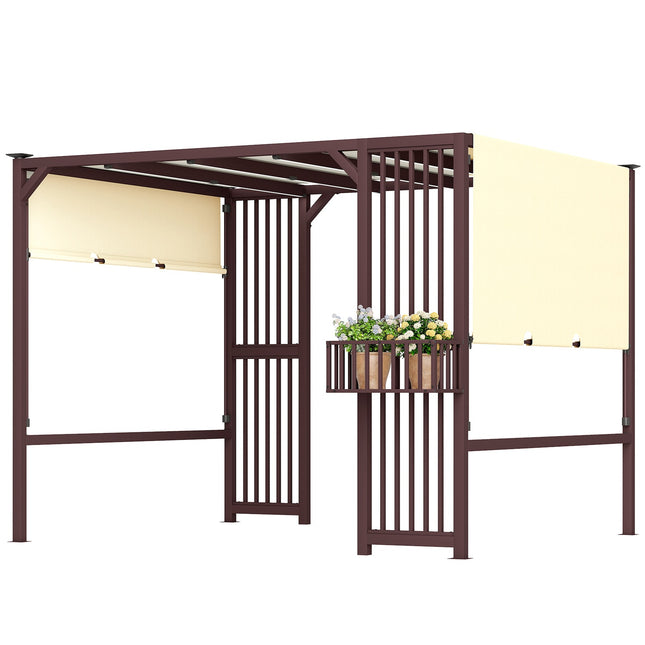 Pergola pavėsinė 3 x 2,5 m, UV 30+, stabili, žiemai atspari, apsauga nuo saulės, su reguliuojamu stumdomu stogu, privatumo uždanga, vazonai, laisvai stovinti sodo pavėsinė, kiemo stogelis sodo balkonui, tamsiai ruda |