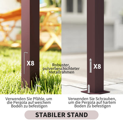Pergola pavėsinė 3 x 2,5 m, UV 30+, stabili, žiemai atspari, apsauga nuo saulės, su reguliuojamu stumdomu stogu, privatumo uždanga, vazonai, laisvai stovinti sodo pavėsinė, kiemo stogelis sodo balkonui, tamsiai ruda |
