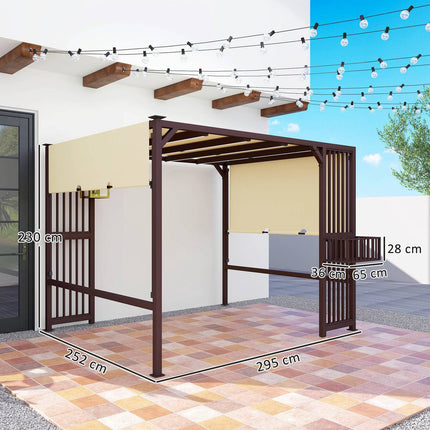 Pergola pavėsinė 3 x 2,5 m, UV 30+, stabili, žiemai atspari, apsauga nuo saulės, su reguliuojamu stumdomu stogu, privatumo uždanga, vazonai, laisvai stovinti sodo pavėsinė, kiemo stogelis sodo balkonui, tamsiai ruda |