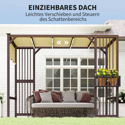 Pergola pavėsinė 3 x 2,5 m, UV 30+, stabili, žiemai atspari, apsauga nuo saulės, su reguliuojamu stumdomu stogu, privatumo uždanga, vazonai, laisvai stovinti sodo pavėsinė, kiemo stogelis sodo balkonui, tamsiai ruda |