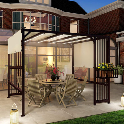 Pergola pavėsinė 3 x 2,5 m, UV 30+, stabili, žiemai atspari, apsauga nuo saulės, su reguliuojamu stumdomu stogu, privatumo uždanga, vazonai, laisvai stovinti sodo pavėsinė, kiemo stogelis sodo balkonui, tamsiai ruda |