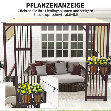 Pergola pavėsinė 3 x 2,5 m, UV 30+, stabili, žiemai atspari, apsauga nuo saulės, su reguliuojamu stumdomu stogu, privatumo uždanga, vazonai, laisvai stovinti sodo pavėsinė, kiemo stogelis sodo balkonui, tamsiai ruda |