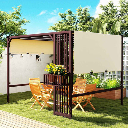 Pergola pavėsinė 3 x 2,5 m, UV 30+, stabili, žiemai atspari, apsauga nuo saulės, su reguliuojamu stumdomu stogu, privatumo uždanga, vazonai, laisvai stovinti sodo pavėsinė, kiemo stogelis sodo balkonui, tamsiai ruda |