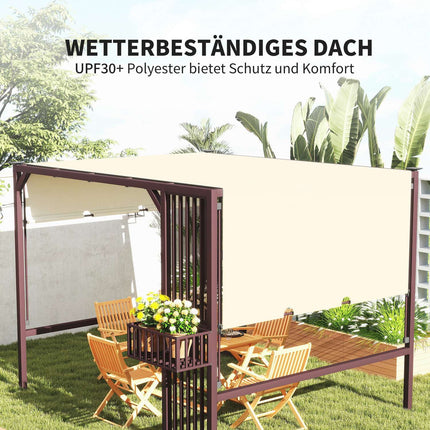 Pergola pavėsinė 3 x 2,5 m, UV 30+, stabili, žiemai atspari, apsauga nuo saulės, su reguliuojamu stumdomu stogu, privatumo uždanga, vazonai, laisvai stovinti sodo pavėsinė, kiemo stogelis sodo balkonui, tamsiai ruda |