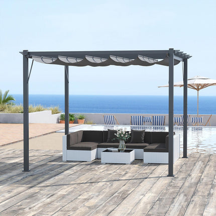 Pergola pavėsinė-kiemo stogelis su stumdomu stogu, sodui, aliuminis, medžio anglies pilka + tamsiai pilka, 3x3x2,23 m