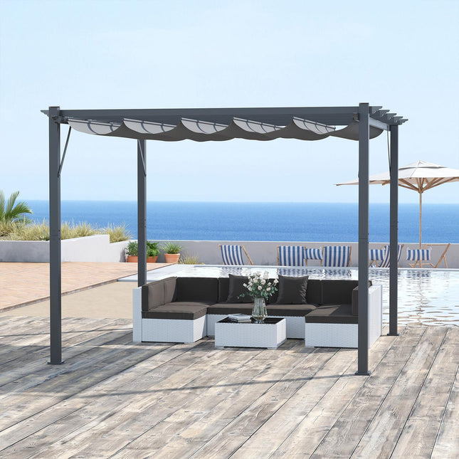 Pergola pavėsinė-kiemo stogelis su stumdomu stogu, sodui, aliuminis, medžio anglies pilka + tamsiai pilka, 3x3x2,23 m