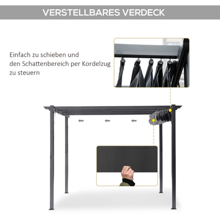 Pergola pavėsinė-kiemo stogelis su stumdomu stogu, sodui, aliuminis, medžio anglies pilka + tamsiai pilka, 3x3x2,23 m