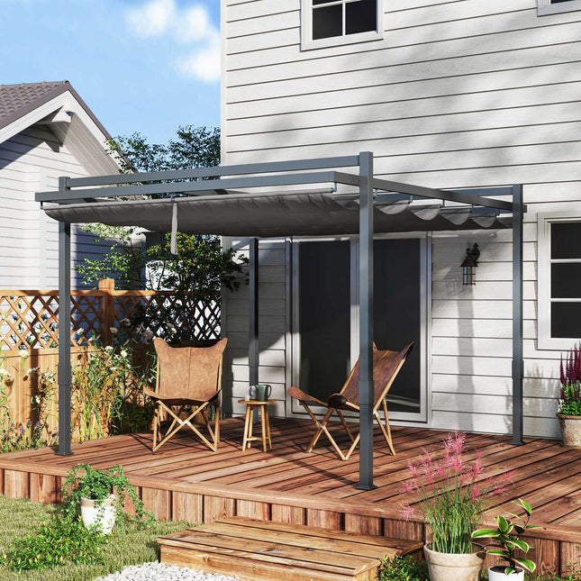 Pergola paviljonas, maždaug 3,5 x 3 m, aliuminis, stabilus, atsparus žiemai, apsauga nuo saulės, reguliuojamas stumdomas stogas, laisvai stovintis sodo pavėsinė, kiemo baldakimas sodo balkonui, pilkas