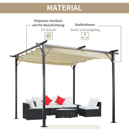 Pergola, vandeniui atspari pavėsinė, 3 x 3 m, kiemo stogelis su stumdomu stogu, apsauga nuo UV spindulių, sodui, aliuminis, smėlio spalvos