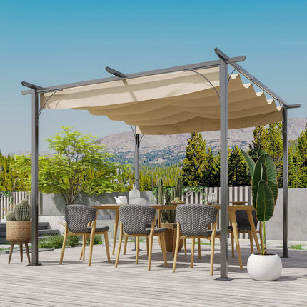Pergola, vandeniui atspari pavėsinė, 3 x 3 m, kiemo stogelis su stumdomu stogu, apsauga nuo UV spindulių, sodui, aliuminis, smėlio spalvos