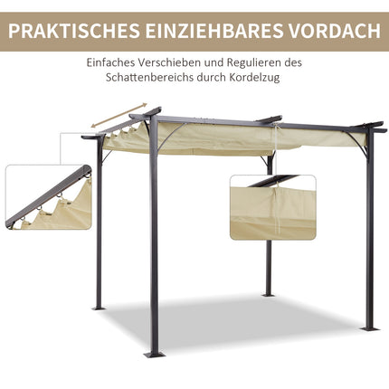 Pergola, vandeniui atspari pavėsinė, 3 x 3 m, kiemo stogelis su stumdomu stogu, apsauga nuo UV spindulių, sodui, aliuminis, smėlio spalvos