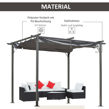 Pergola, vandeniui atspari pavėsinė, 3 x 3 m, kiemo stogelis su stumdomu stogu, apsauga nuo UV spindulių, metalinė, juoda ir pilka