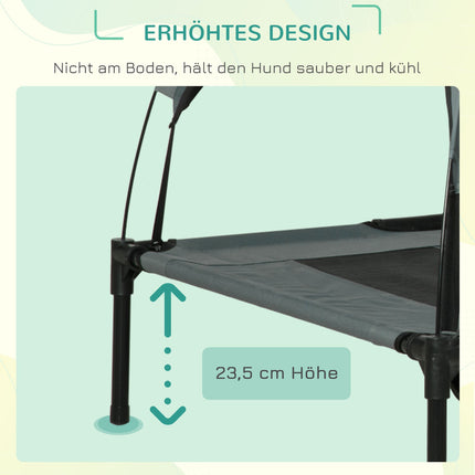 Raised outdoor dog bed with canopy, breathable fabric, gray