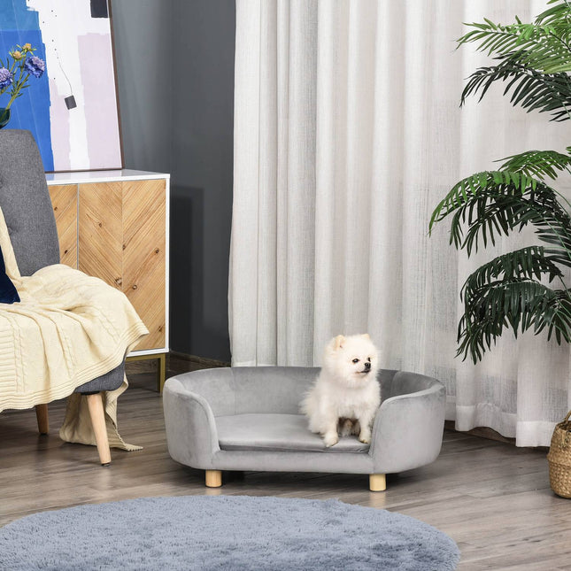 Naminių gyvūnėlių sofa-šuns sofa-lova su olandiško aksomo putplasčio beržo kojelėmis katėms ir šunims, 86 x 55 x 33 cm, šviesiai pilka