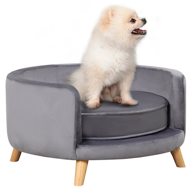 Naminių gyvūnėlių sofa-lova vidutinio dydžio šunims, pakelta šunų lova su mediniu rėmu, pilka, 68x68x35cm