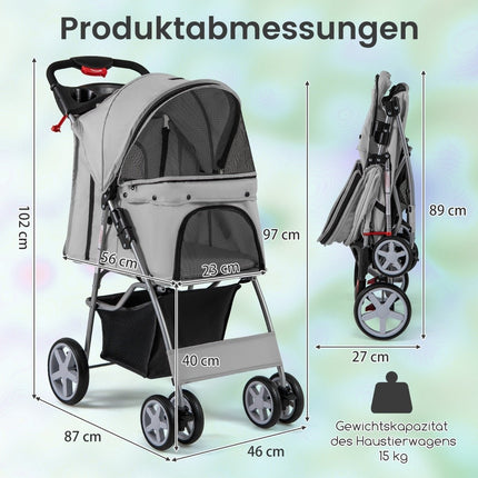 Vežimėlis augintiniams su tinklelio langais ir puodelių laikikliu, pilkas, 15 kg talpa