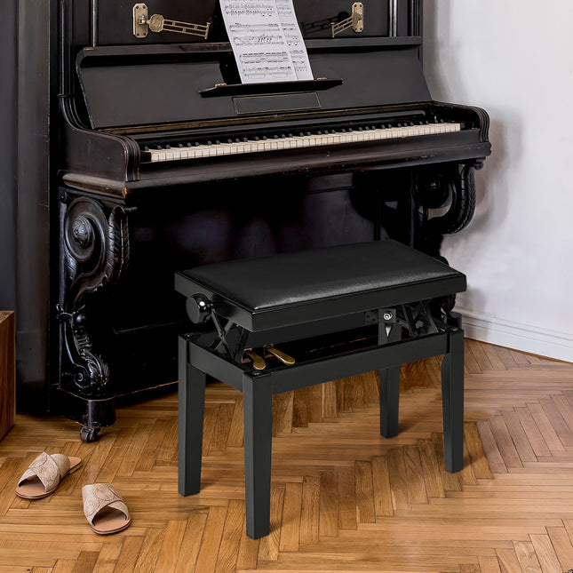 Fortepijono kėdė, reguliuojamo aukščio pianino suolas su odine pagalvėle, pianino suolas, dirbtinė oda, kaučiukmedis, juodas, 63 x 33 x 45-56 cm