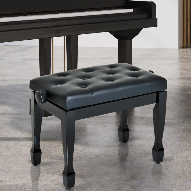 Fortepijono kėdė, pianino suolas, kosmetinė kėdė, reguliuojamo aukščio kėdė, muzikos instrumentų pratimai, masyvi mediena, dirbtinė oda, juoda, 64 x 35 x 45-55 cm