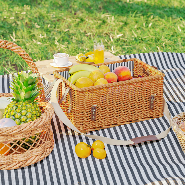 Iš gluosnio medienos pagamintas pikniko krepšelis, 4 asmenų pikniko lagaminas su pikniko antklode, stalo įrankių rinkinys, butelių atidarytuvas, pikniko stalas, pikniko rinkinys, pilnas komplektas stovyklavimui, paplūdimiui, Kalėdoms, šviesiai ru