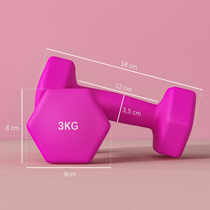 Rožinių šešiakampių hantelių rinkinys, 2 x 3 kg, neslystantis, saugus ant grindų