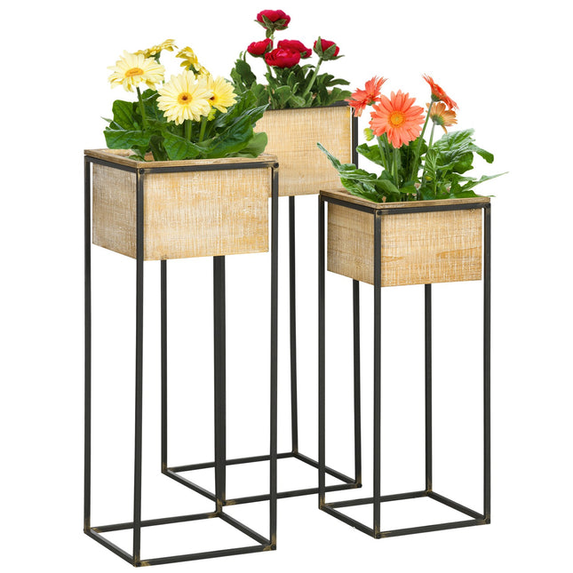 Square spruce wood plant stool set - metal legs, natural finish