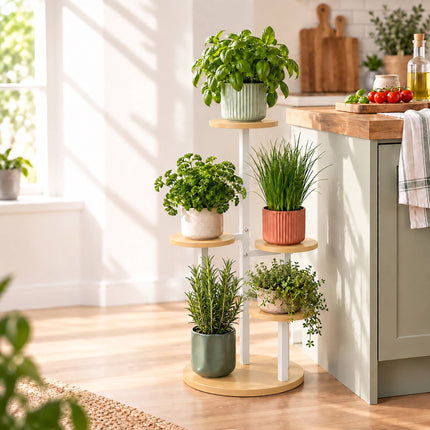 Plant Stand with 5 Tiers, Round Shelves, Iron and MDF – White, 118.5 cm High