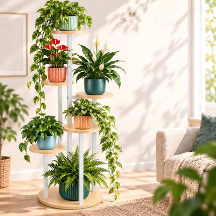 Plant Stand with 5 Tiers, Round Shelves, Iron and MDF – White, 118.5 cm High