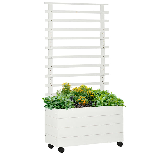 Augalų dėžė su grotelėmis, gėlių dėžė su ratukais, pakelta lysvė vijokliniams augalams, natūrali mediena, balta, 76 x 30 x 155 cm sodui