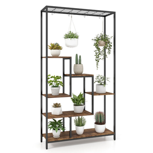 Augalų stovas, 6 pakopų, 180 cm, metalinis augalų stovas su 10 S formos kabliukų, juodas + kaimiškos rudos spalvos
