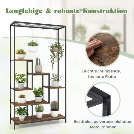 Plant stand 6 tiers 180 cm plant shelf metal with 10 S-hooks black + rustic brown