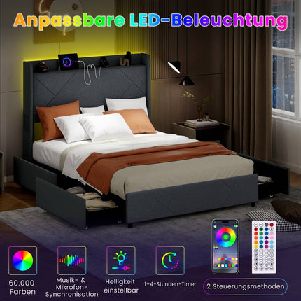 Platforminė lova su LED lemputėmis, įkrovimo stotelė, pilka, 200x160 cm