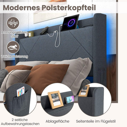 Platforminė lova su LED lemputėmis, įkrovimo stotelė, pilka, 200x160 cm