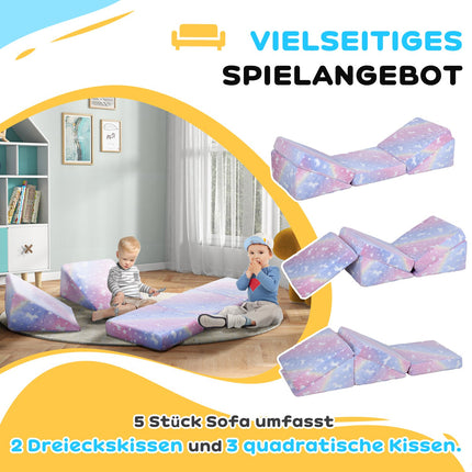 Žaislinė sofa vaikams Vaikiška sofa pagaminta iš putplasčio su atlošiama funkcija, 5 dalių. Vaikiška sofa tamsioje, švytinčio aksomo išvaizdoje, 2-3 vaikams, rožinė