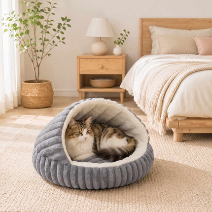 Plush Cat Cave Bed with Removable Cushion and Non-Slip Base, Grey, Washable