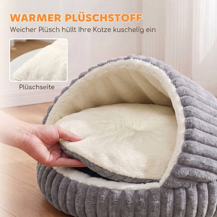 Plush Cat Cave Bed with Removable Cushion and Non-Slip Base, Grey, Washable