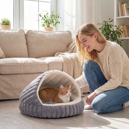 Plush Cat Cave Bed with Removable Cushion and Non-Slip Base, Grey, Washable