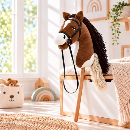 Plush Hobby Horse on Beech Wood Stick with Bridle and Reins, Brown