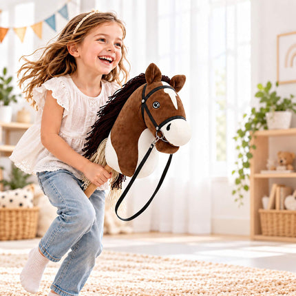 Plush Hobby Horse on Beech Wood Stick with Bridle and Reins, Brown