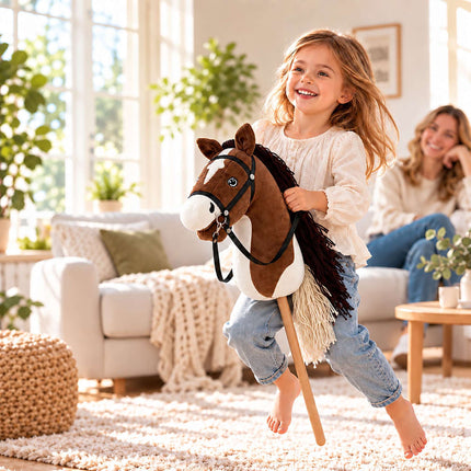 Plush Hobby Horse on Beech Wood Stick with Bridle and Reins, Brown