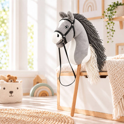 Plush Hobby Horse on Beech Wood Stick with Bridle and Reins, Grey