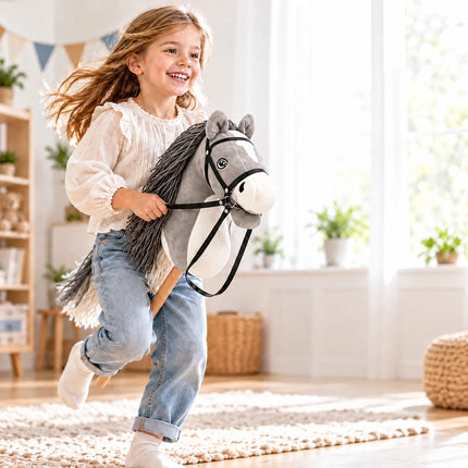 Plush Hobby Horse on Beech Wood Stick with Bridle and Reins, Grey