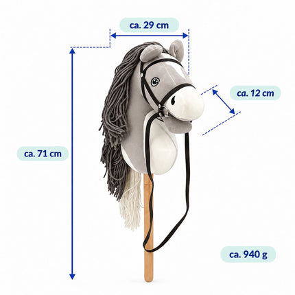 Plush Hobby Horse on Beech Wood Stick with Bridle and Reins, Grey