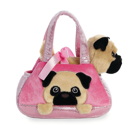 Pliušinis žaislinis mopsas maišelyje, 20 cm, minkštas ir mielas kompanionas